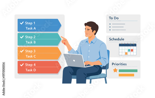 A professional maintaining organized digital workflows in a structured daily routine, seated with a laptop while interacting with a simple layered
