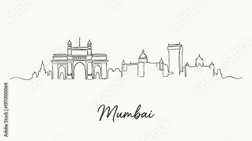 Minimalist Mumbai India skyline continuous line art illustration on white background