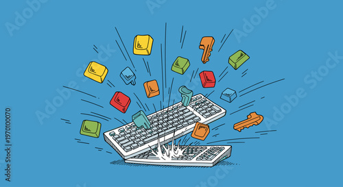 A creative and playful illustration of colorful keys flying off a keyboard, conveying a sense of freedom and innovation.