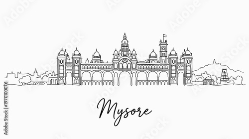 Minimalist Mysore Palace skyline and Indian city landmark continuous line art vector illustration