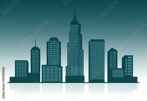 minimalist vector illustration of a city skyline silhouette in a monochromatic deep teal blue. The skyscrapers feature varied geometric designs with clean lines and stylized window patterns.
