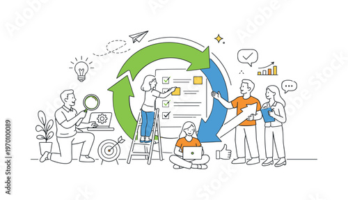 A continuous improvement and iterative refinement scene showing a small team enhancing processes around a large circular arrow and a checklist, using