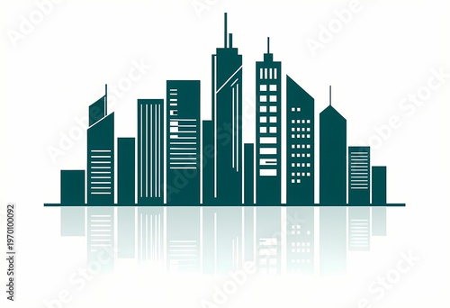 minimalist vector illustration of a city skyline silhouette in a monochromatic deep teal blue. The skyscrapers feature varied geometric designs with clean lines and stylized window patterns.