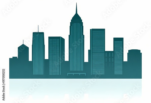 minimalist vector illustration of a city skyline silhouette in a monochromatic deep teal blue. The skyscrapers feature varied geometric designs with clean lines and stylized window patterns.