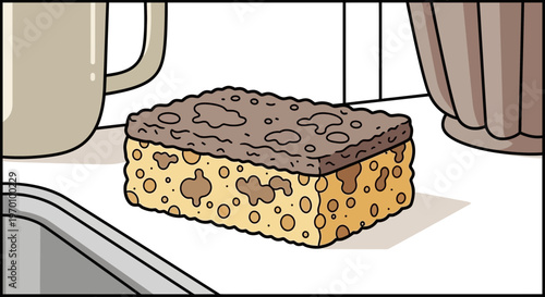 Cartoon sponge sitting on kitchen counter near sink and mugs  