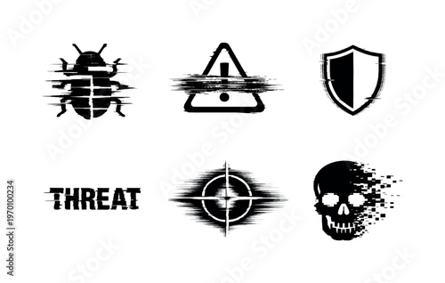 Cyber threat and intrusion theme, a set of 5 glitch-distorted monochrome objects placed on a perfectly clean white background