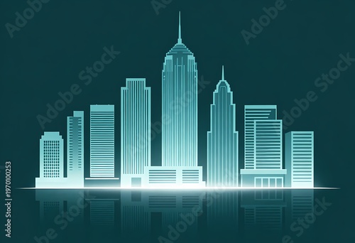 minimalist vector illustration of a city skyline silhouette in a monochromatic deep teal blue. The skyscrapers feature varied geometric designs with clean lines and stylized window patterns.