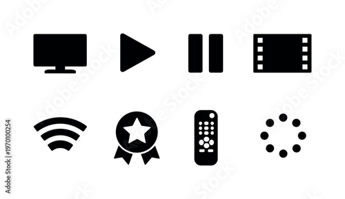 Video streaming service: TV screen, play button, pause button, film strip, streaming waves, subscription badge, remote control, buffering circle