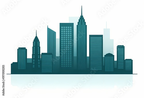 minimalist vector illustration of a city skyline silhouette in a monochromatic deep teal blue. The skyscrapers feature varied geometric designs with clean lines and stylized window patterns.