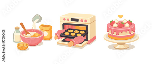 Small set of three thematic mini-illustrations on one white canvas depicting stages of home baking: measuring and mixing ingredients in a bowl