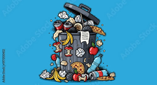 A cartoon illustration of a trash can overflowing with food waste, symbolizing the issue of food waste and pollution.