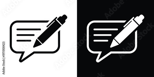 Speech bubble icon with a pencil, illustrating message composition, online feedback, customer review, chatting, and digital communication interface for mobile and web.