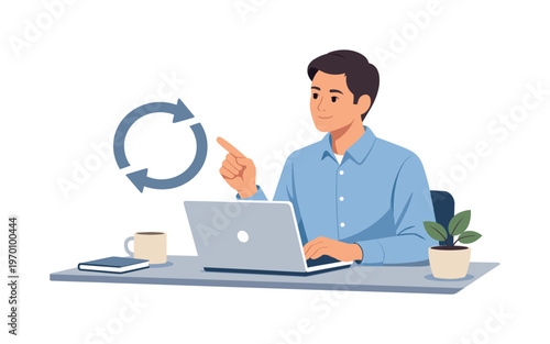 A professional maintaining consistent workflow habits in a calm daily routine, seated with a laptop while interacting with a simple circular repeat