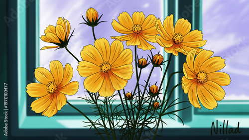 Vibrant yellow cosmos flowers brightly illuminated by soft window light, captured in a serene digital painting, evoking feelings of calm and natural beauty, perfect for peaceful decor