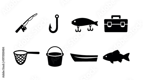Fishing equipment: fishing rod, fish hook, bait lure, tackle box, fishing net, bucket, boat, fish silhouette