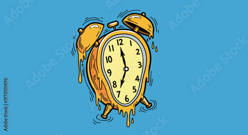 A cartoon-style illustration of a melting alarm clock on a blue background, conveying a sense of surrealism and time distortion.
