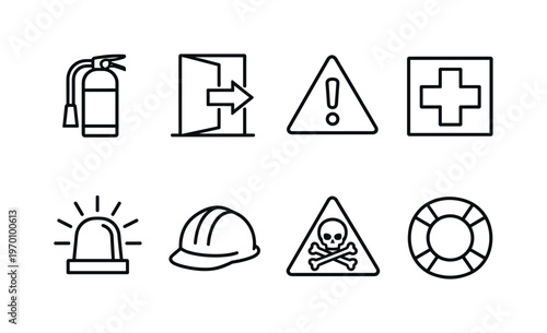 Emergency and safety: fire extinguisher, emergency exit door, warning triangle, first aid cross, siren light, safety helmet, hazard sign, life buoy