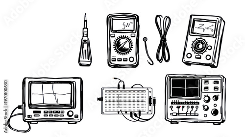 Electronics Test Equipment and Components Illustrated as White Outlines on a Transparent Background