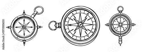 Ornate brass compass set with black line art and intricate detailing featuring steampunk elements, vintage design, navigation tools with antique style and exploration themes