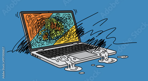An illustration of a laptop with a chaotic screen and melting keyboard, conveying a sense of digital overwhelm and frustration.