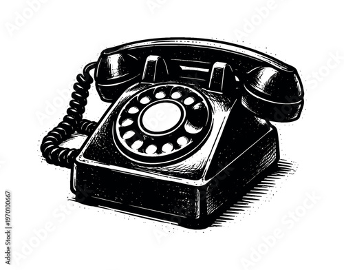 A classic rotary telephone shown in three-quarter perspective, angled so the circular dial and handset resting on top are both clearly visible
