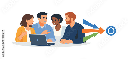A team aligning on shared outcomes during a collaborative discussion, gathered near a laptop while interacting with a simple converging arrows symbol