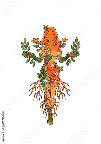 A stylized illustration of a nature goddess with a human upper body and tree roots and foliage forming her lower half, surrounded by leaves and flowers.