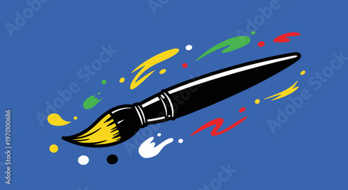 A vibrant digital illustration of a paintbrush surrounded by colorful splatters on a blue background, evoking a sense of creativity and artistic expre