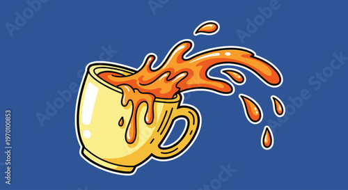 A cartoon-style illustration of a yellow coffee cup with coffee splashing out, conveying energy and movement.
