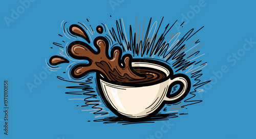 A cartoon-style illustration of a coffee cup with brown liquid splashing out, conveying energy and excitement, perfect for advertising or editorial us