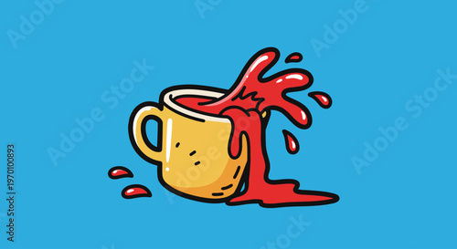 A cartoon-style illustration of a yellow coffee cup with red liquid spilling out on a blue background, conveying a sense of accident and surprise.