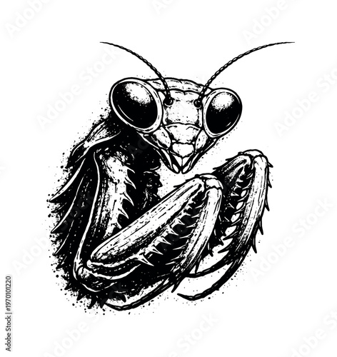 A detailed mantis head with folded raptorial arms shown in a tight three-quarter close view, enlarged to fill the frame as a compact organic form on a