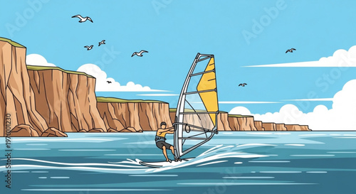Professional vector illustration of windsurfer maneuvering sail on turquoise ocean water near high rocky coastal cliffs under clear blue summer sky