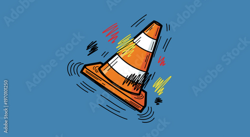 A playful illustration of an orange traffic cone in motion, conveying a sense of energy and movement.