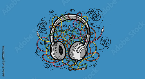 A playful illustration of tangled headphones with colorful cords on a blue background, conveying a sense of frustration and disorganization.