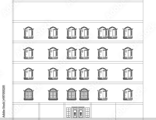 Multi-Storey Urban Building Elevation Plan Including Technical Specifications for Arched Openings and Professional Architectural Annotations