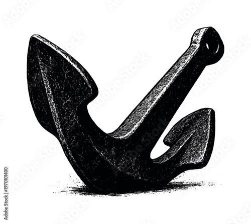 A massive ship anchor fluke section shown in a dramatic three-quarter close view, enlarged to dominate the frame as a heavy curved industrial form on