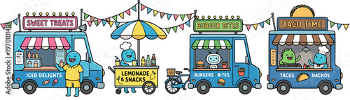 Colorful food trucks and cart with happy cartoon characters serving sweet treats, Burgers, Tacos, And lemonade