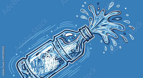 An illustration of a water bottle with water splashing out, conveying freshness and energy.