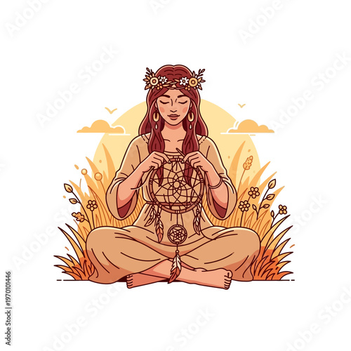 A woman with a flower crown sitting in a field, crafting a dreamcatcher under a warm sky.