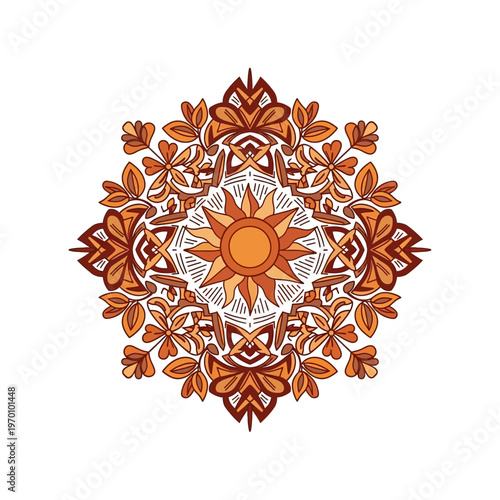 A vibrant and intricate mandala design featuring a central sun surrounded by stylized floral and geometric patterns in warm orange and brown tones.