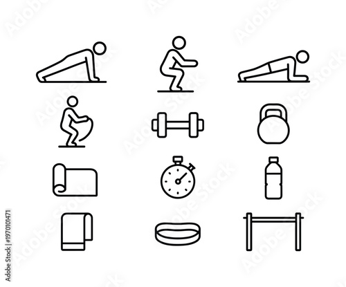Home workout routine: push up position, squat pose, plank pose, jumping rope, dumbbell, kettlebell, yoga mat, stopwatch, water bottle, towel