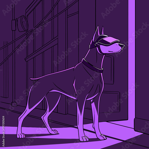 A doberman wearing a high-tech visor, standing in a dark alley with purple backlighting. 1