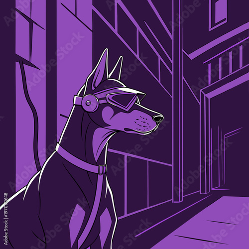 A doberman wearing a high-tech visor, standing in a dark alley with purple backlighting.