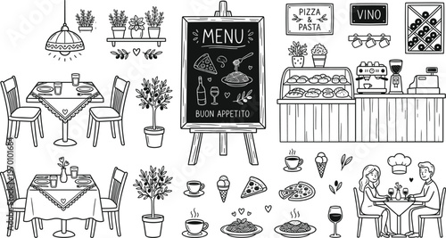 Charming sketch of a cozy cafe interior with decorative elements and dining arrangements