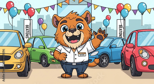 Friendly anthropomorphic lion car salesman waving at customers in front of colorful new vehicles at modern car dealership decorated with party balloons