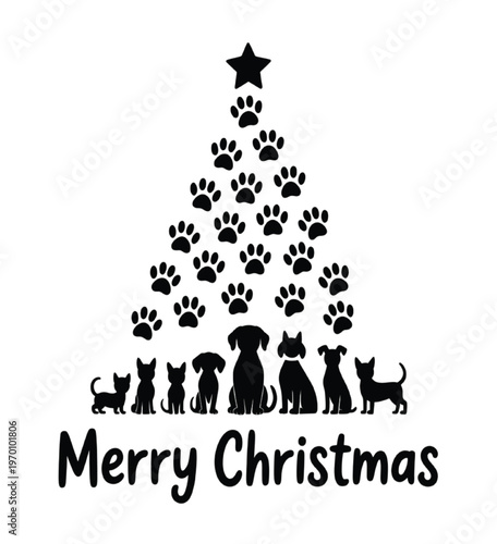 Black and white christmas tree made of paw prints with cats and dogs vector illustration EPS PNG file