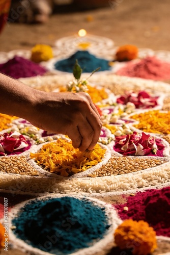 Wallpaper Mural Close-up of a hand arranging colorful powder and flower petals in circular patterns on rice flour designs on the ground with warm tones and natural textures. Torontodigital.ca