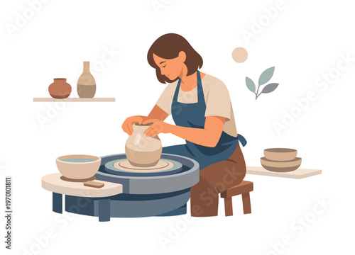 A pottery crafting scene where a person shapes clay on a wheel creating handmade objects in a calm studio environment, a pottery wheel and a forming