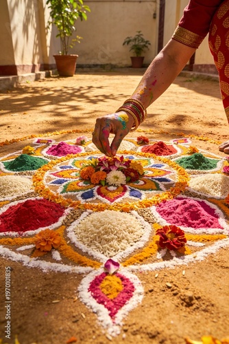 Wallpaper Mural Close-up of a woman's hand placing flowers on a colorful rangoli design made of flowers and powder on a sandy floor in a sunny outdoor setting. Torontodigital.ca